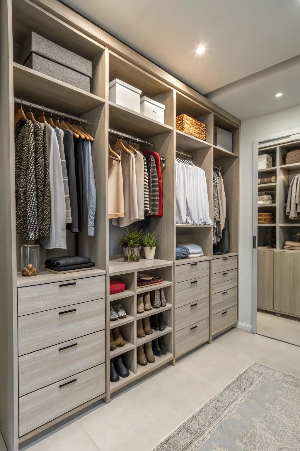 A roomy closet featuring a mix of storage systems, including drawers, shelves, and hanging bars.