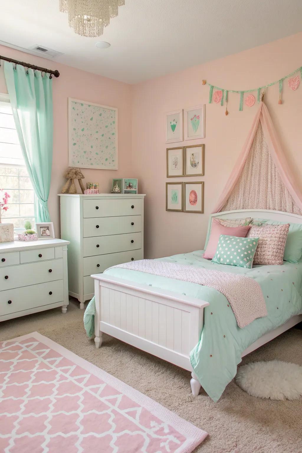 A calming pastel scheme establishes a mood of serenity and ease.