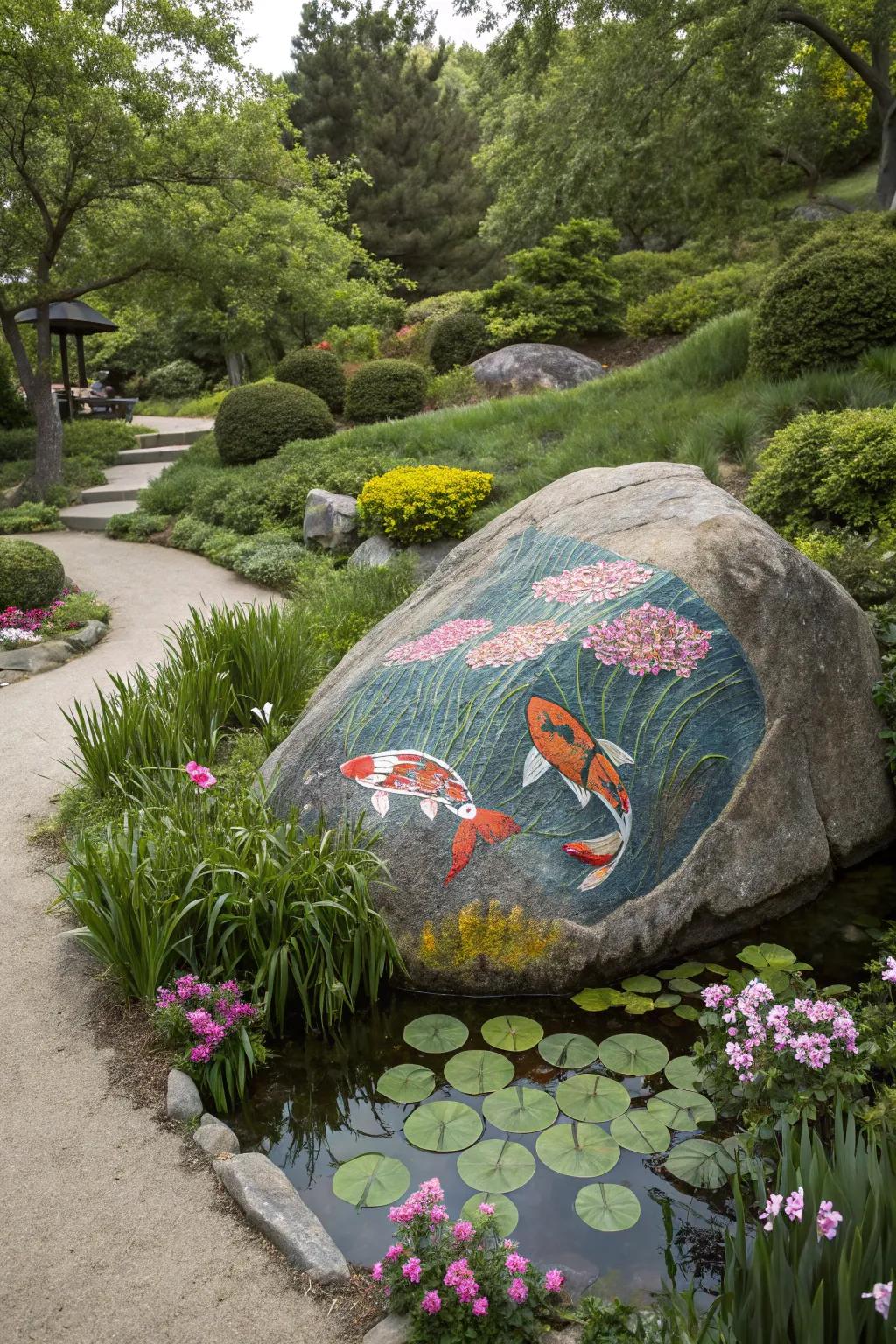 Bring serenity to your garden with carp-painted stones.