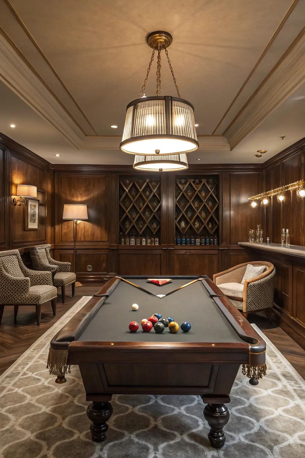 A distinctive game table serving as the focal point in an elegant billiard room.