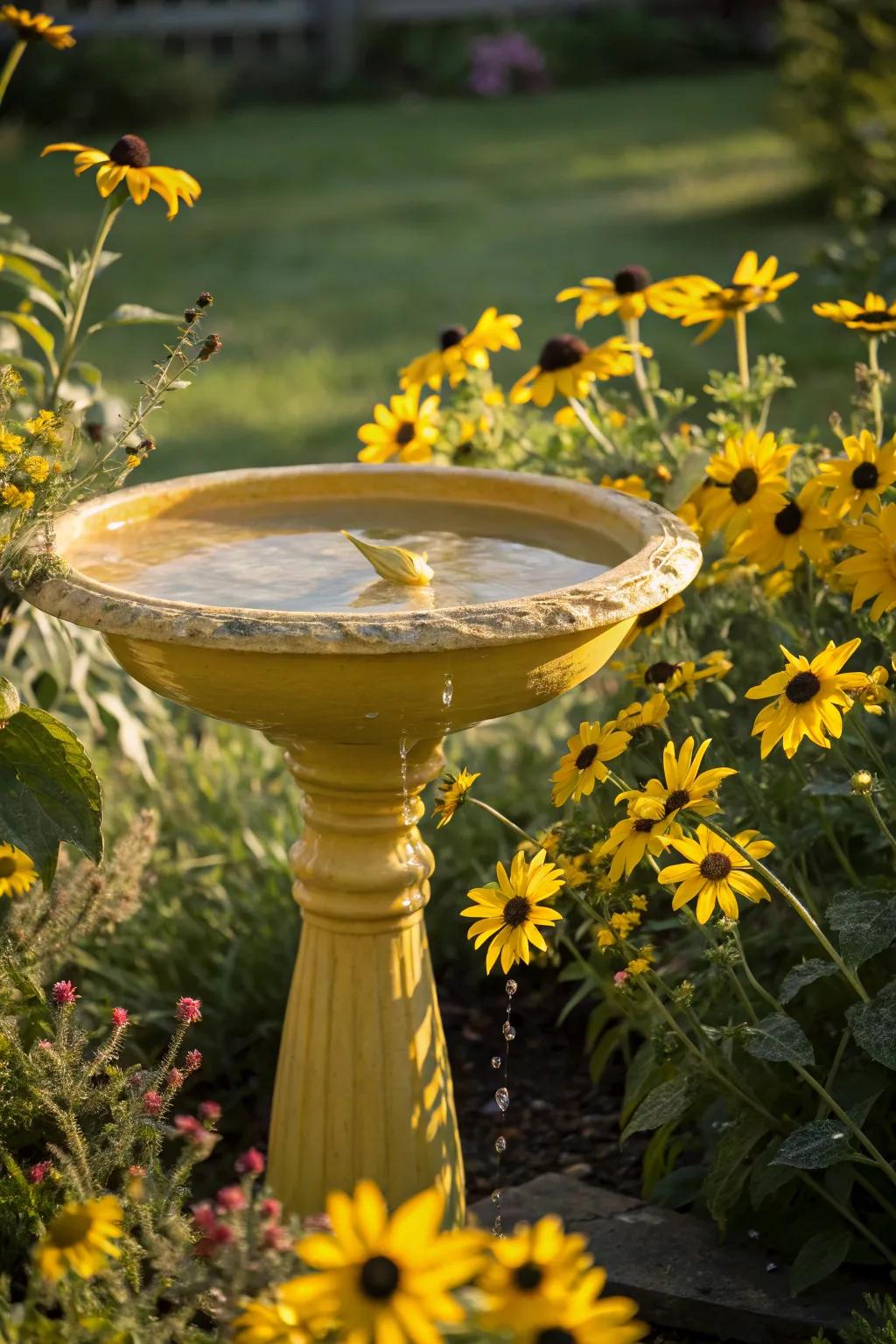 A radiant yellow bird bath nestled among sunflowers, attracting goldfinches and other vibrant birds.