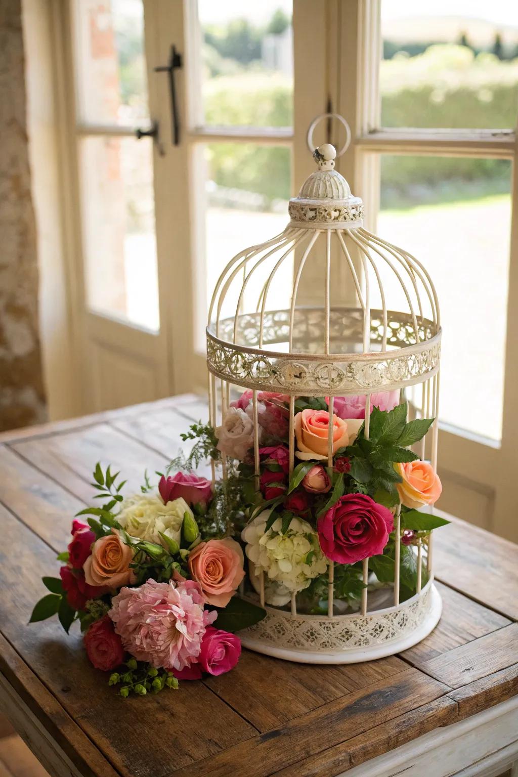 A blossom-filled bird cage centerpiece radiating romantic appeal.