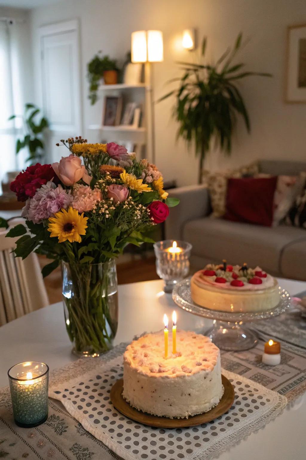 Seasonal blossoms introduce a hint of natural sophistication to the birthday table.
