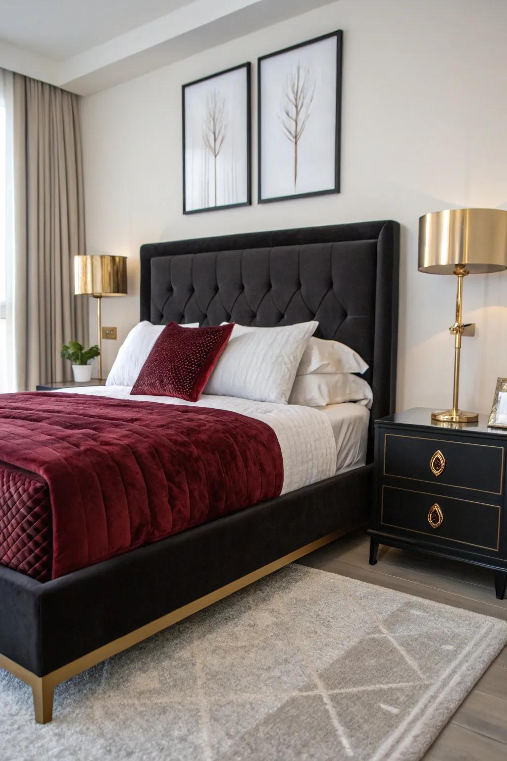 Craft a focal point with black and burgundy bedding that emanates luxury and warmth.