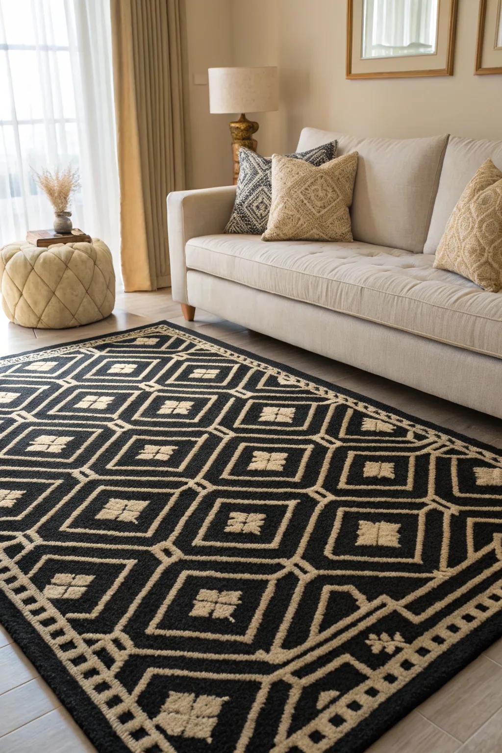 A notable geometric floor covering and soft cushions in ebony and ivory establish visual appeal and sophistication.