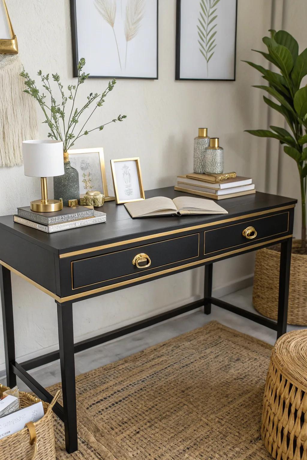 An ebony worktable with gilded detail contributes a dash of class to any office setting.