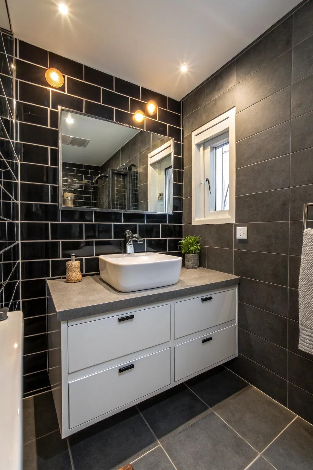 A captivating bathroom that uses bold charcoal walls to create a remarkable contrast.