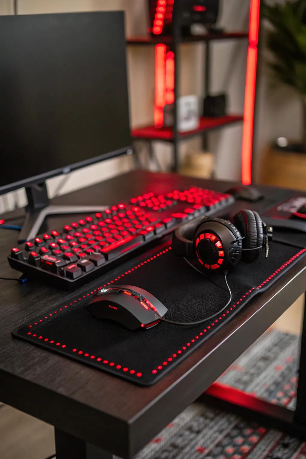 Scarlet LED lights bestow a toasty radiance on a black gaming desk, amplifying the atmosphere.