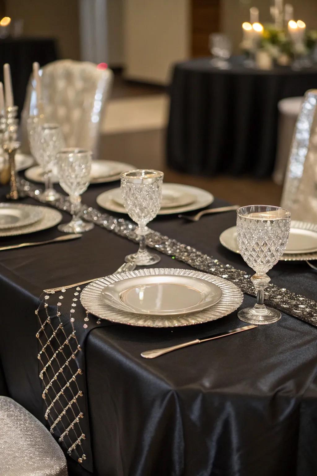 An exquisite table display accented with coal and shimmer.