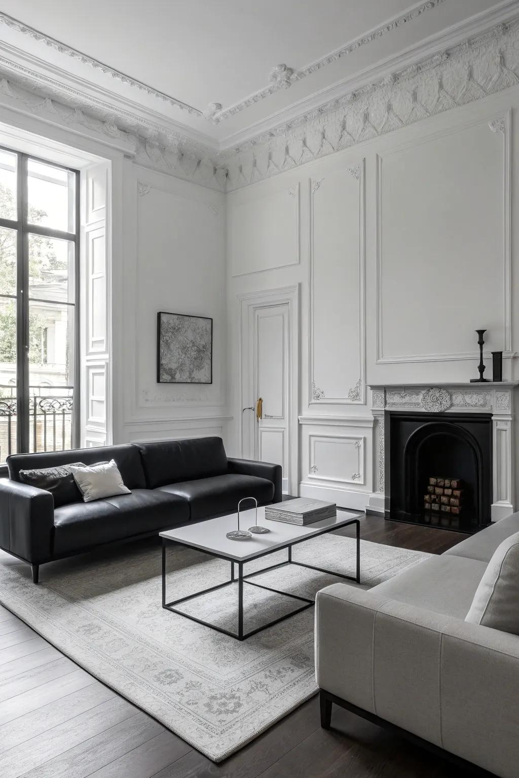 A minimalist black and white living room featuring thoughtfully selected, high-caliber furnishings.