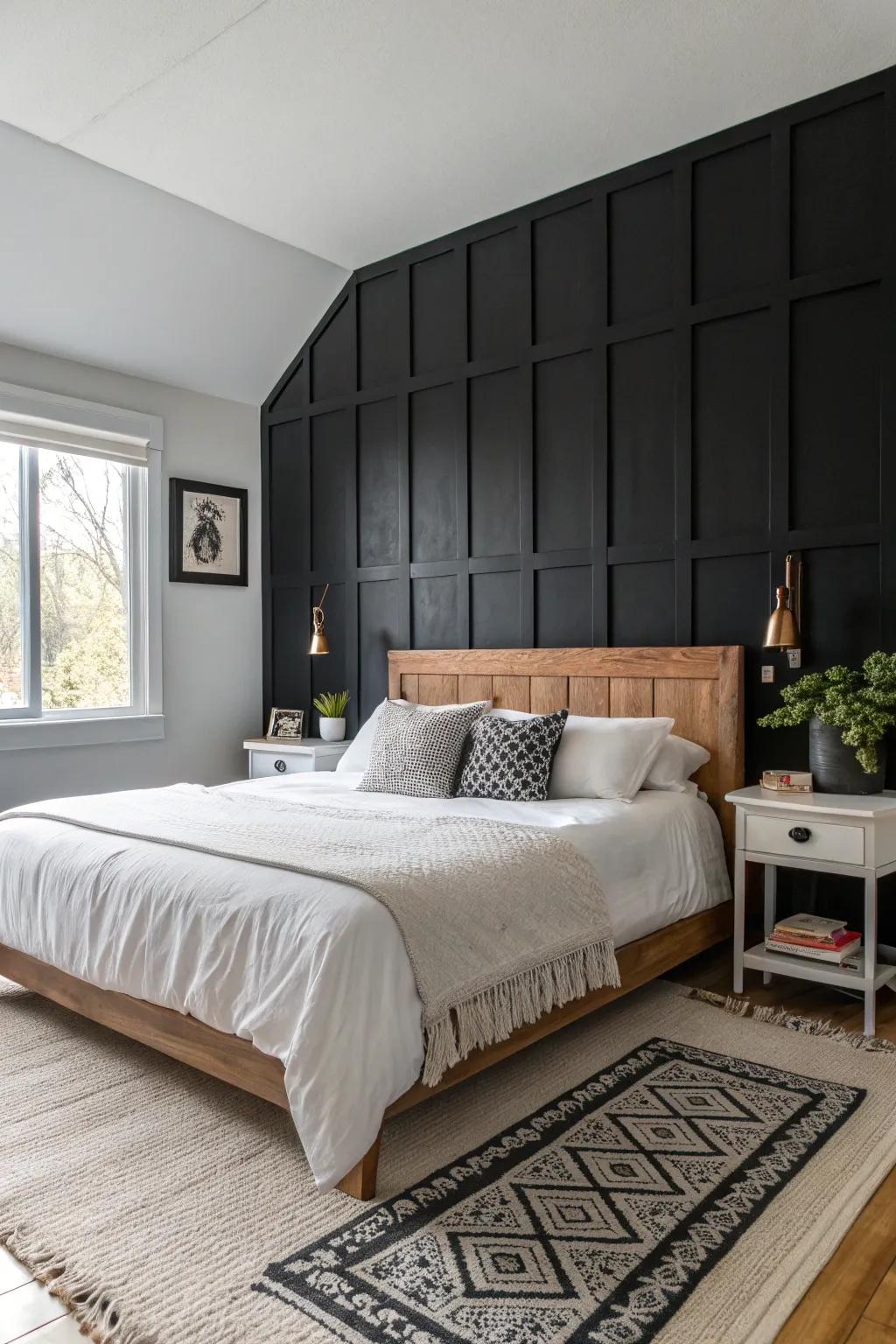 A black feature wall brings drama and contrast to any bedroom.