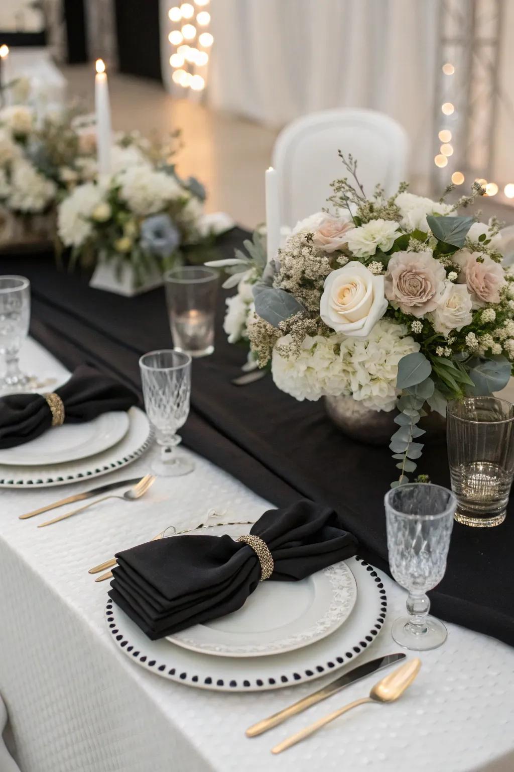 Refined tablescapes in a monochrome theme create a timeless ambiance.
