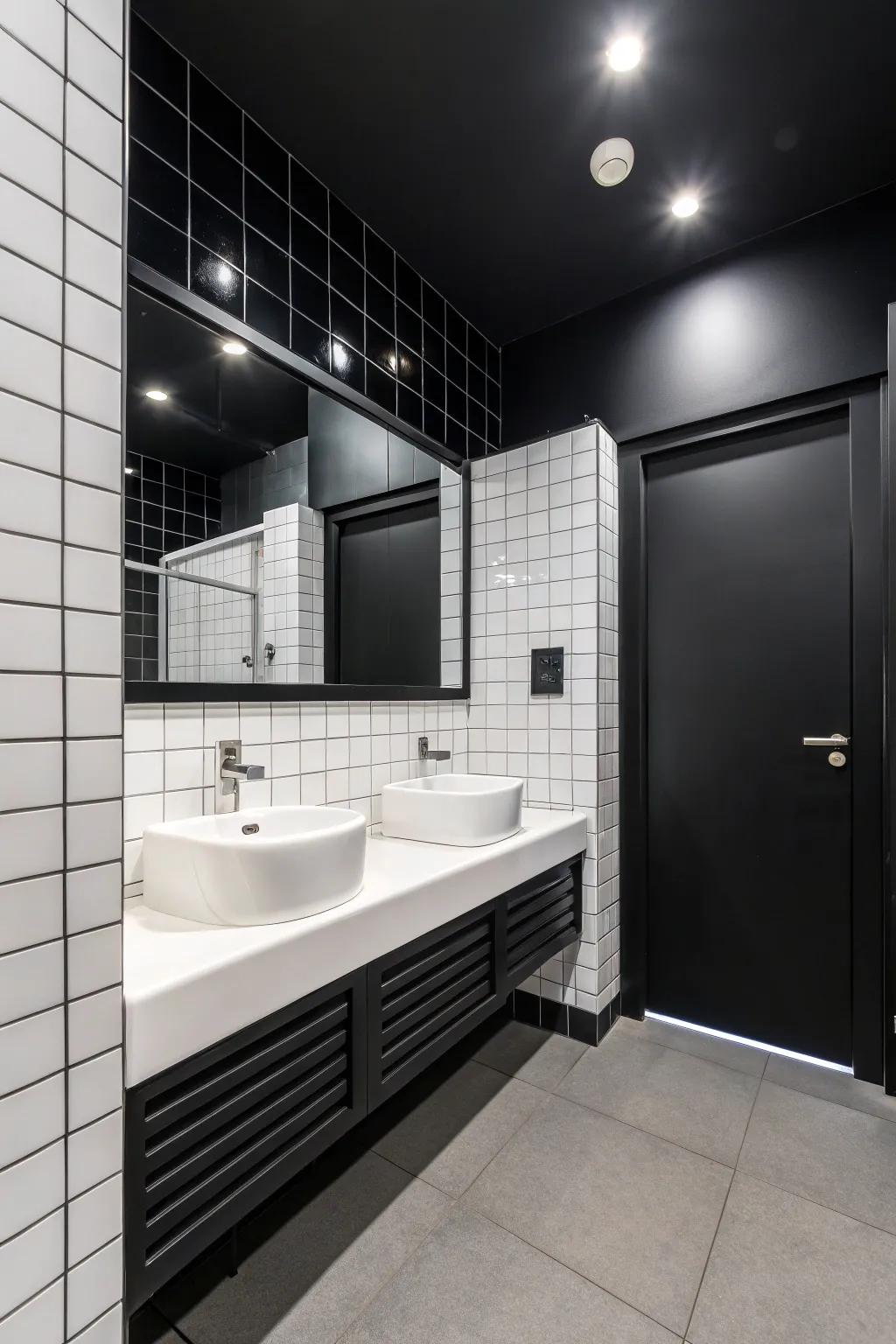 The timeless duo of black and white delivers a refined and cultured bathroom atmosphere.