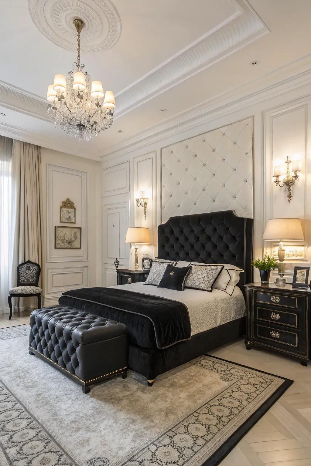 An opulent bedroom showcasing a striking contrast between ebony and bright shades.