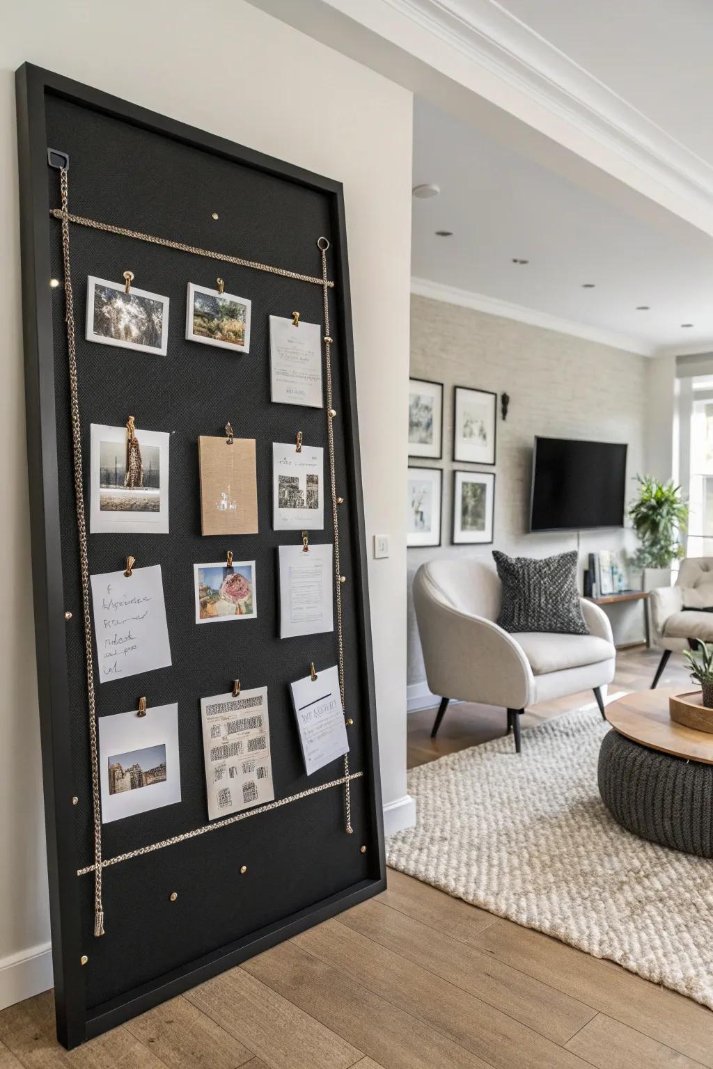 Elegance and practicality converge with a charcoal pinboard that highlights your most treasured moments.