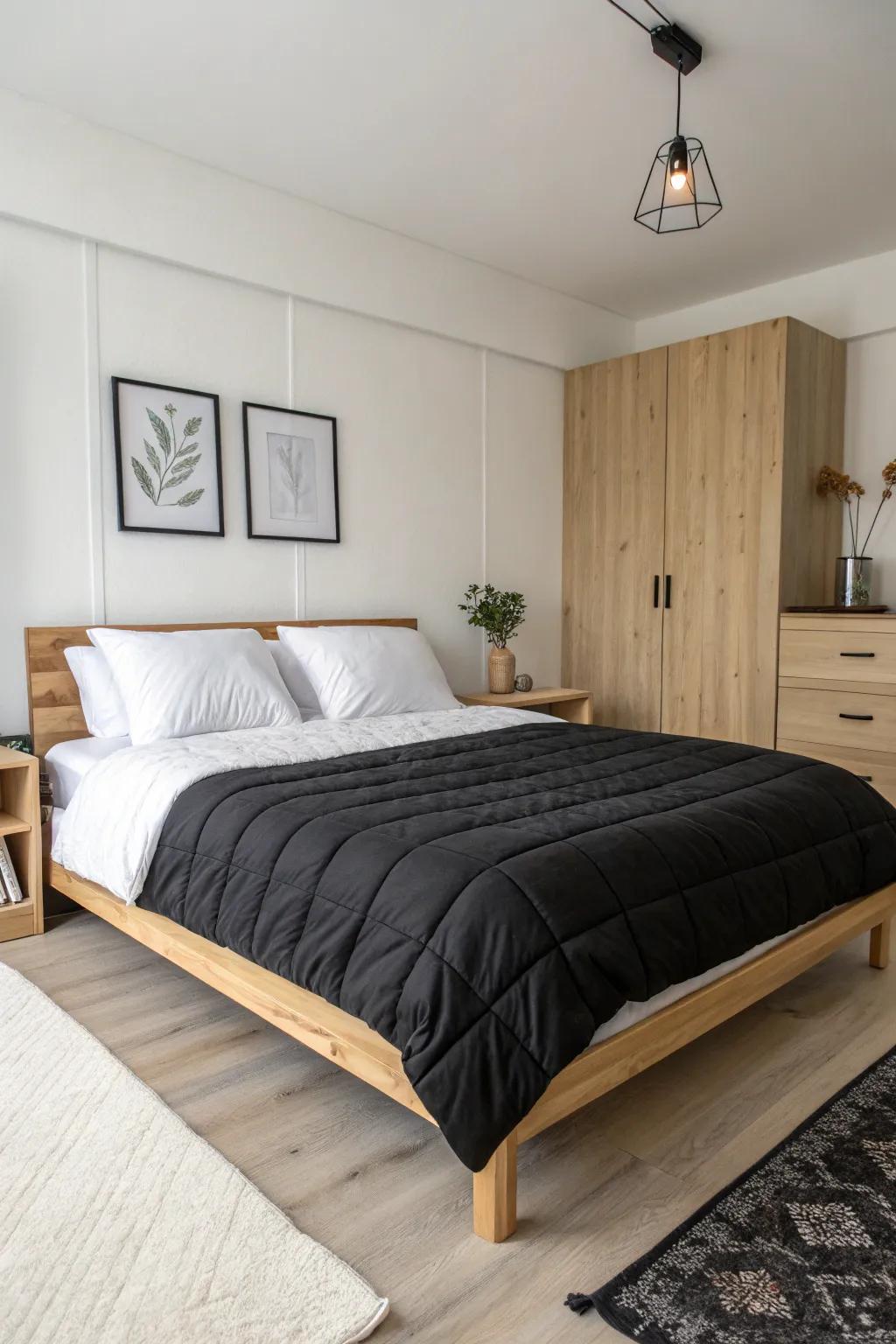 A minimalist bedroom design emphasizing the refined contrast of black and white.