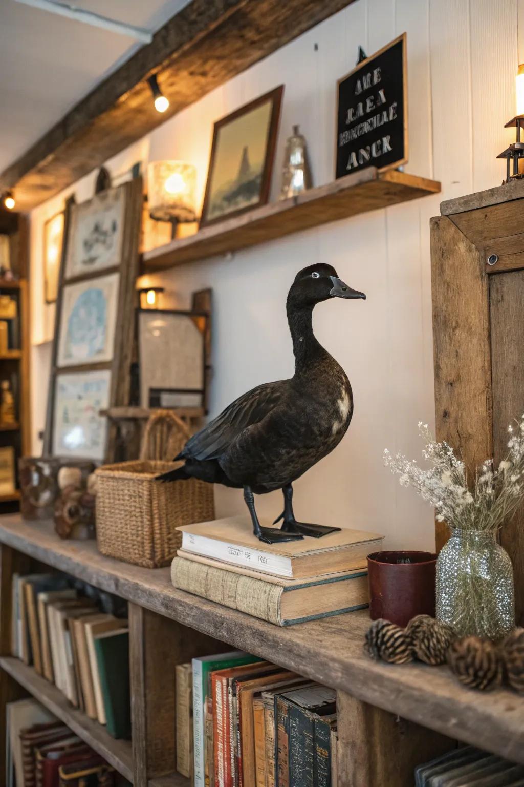 A stately dusky fowl in an upright stance showcased upon a timeworn ledge.