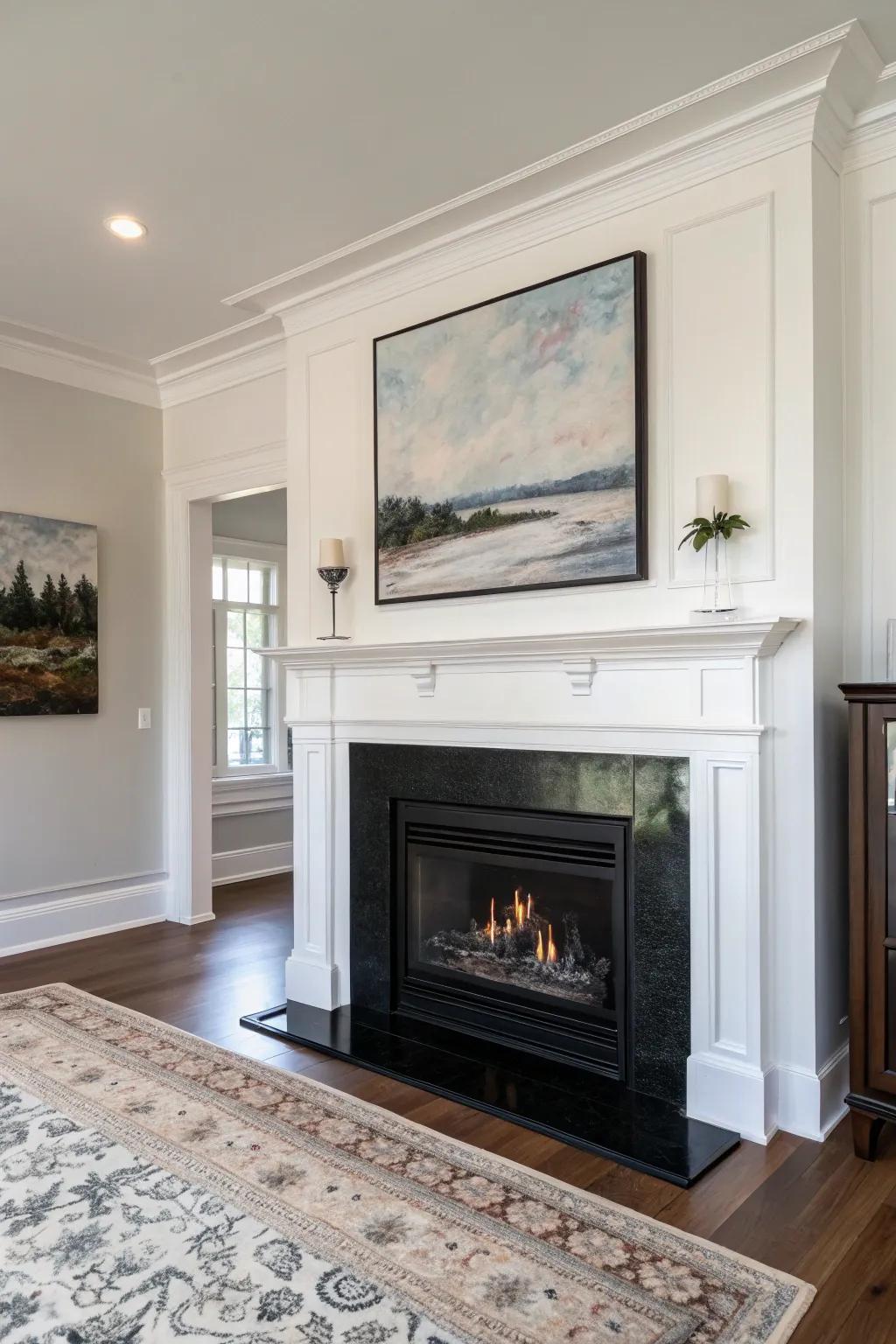 Embrace contemporary simplicity through a polished dark hearth that enhances striking artwork.