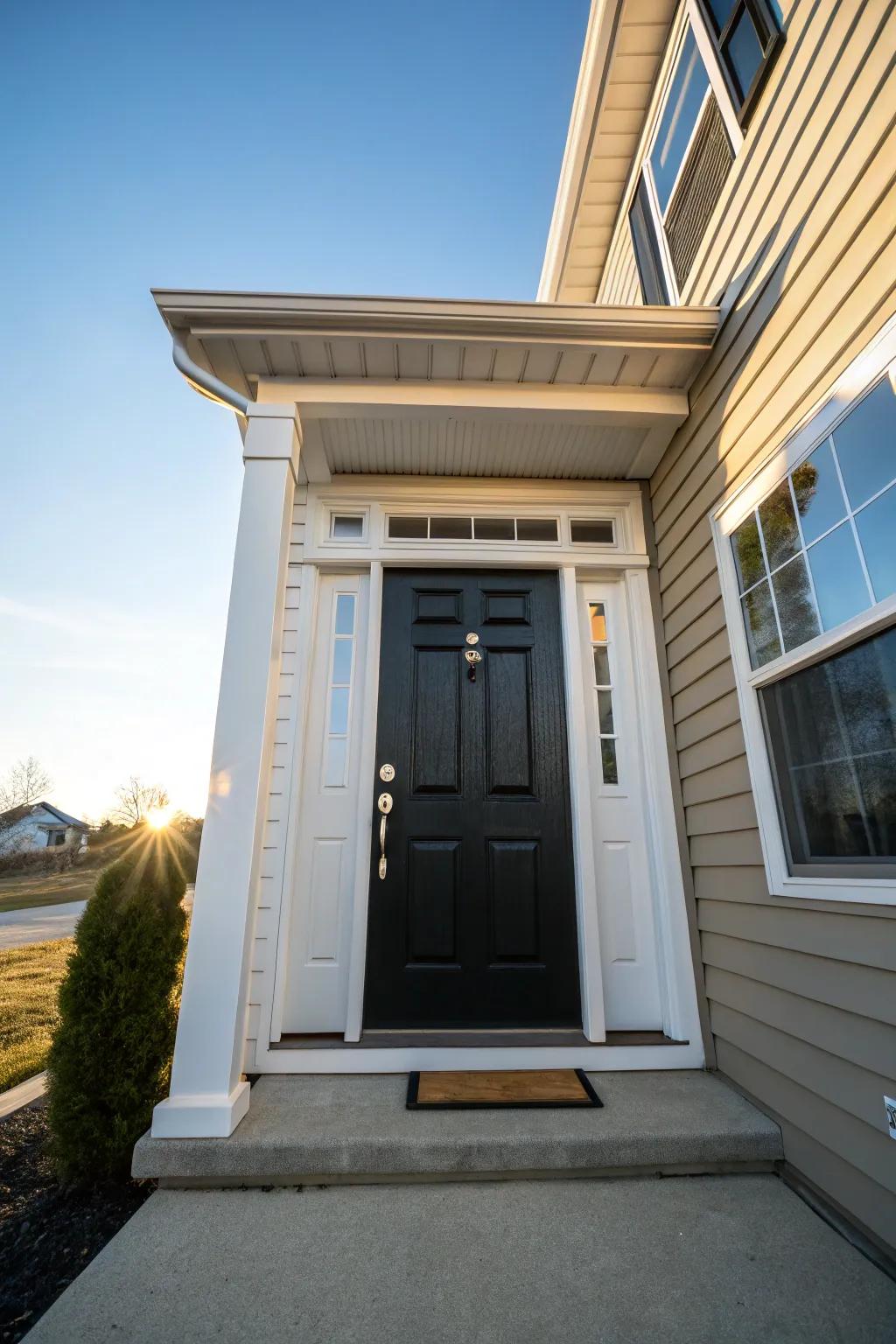 A standout black door with white trim commands attention against muted siding.