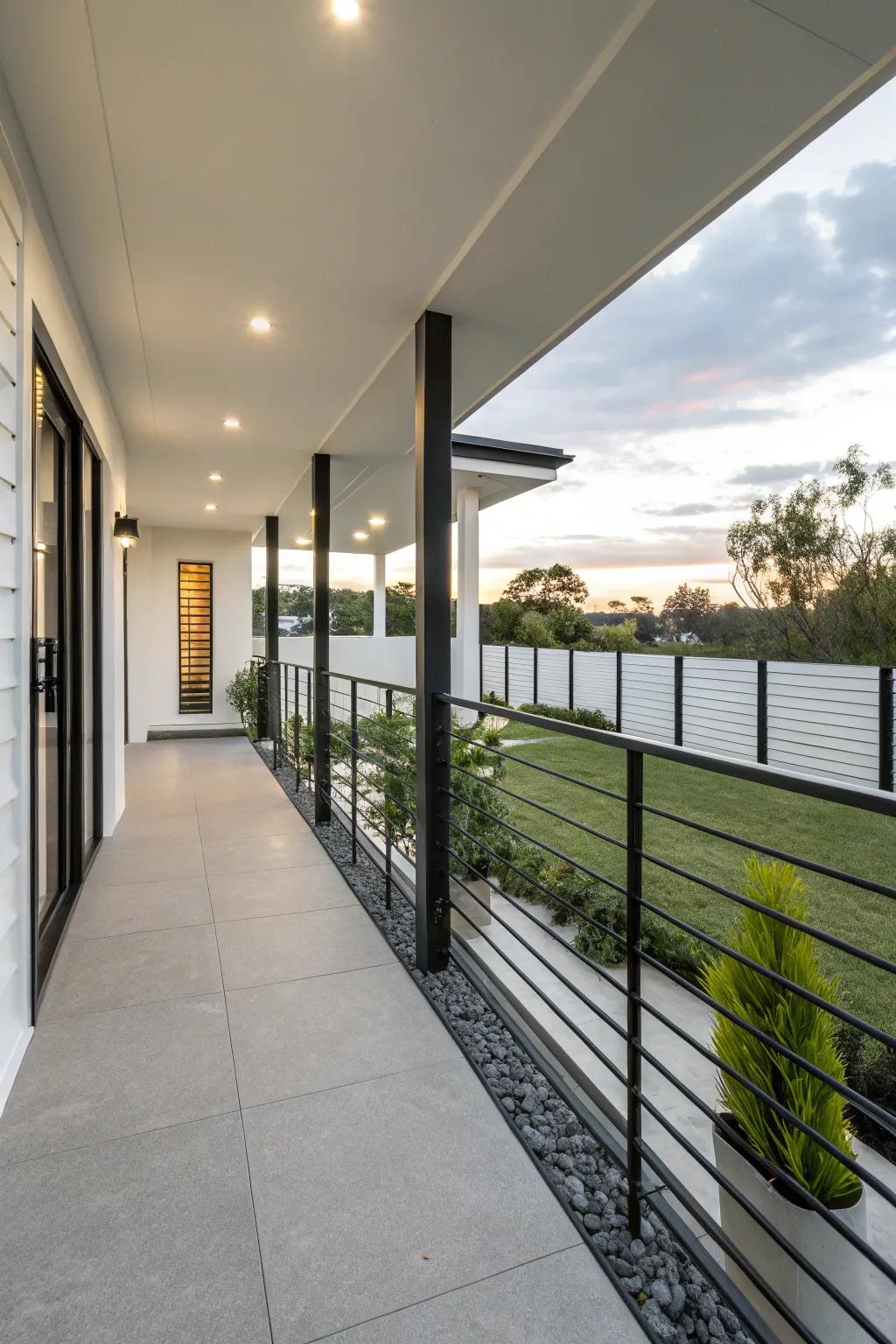 A minimalist black railing provides a sleek addition to any modern porch setting.
