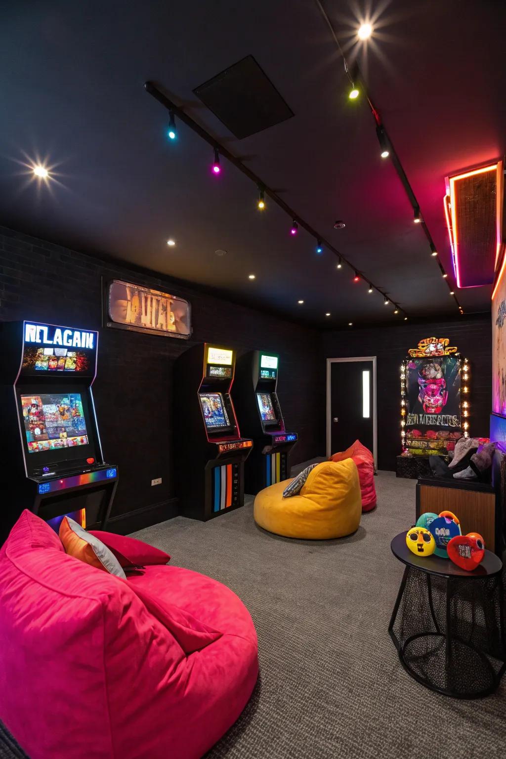 A gaming space showcasing a predominantly deep color scheme, establishing a dramatic and contemporary ambiance.