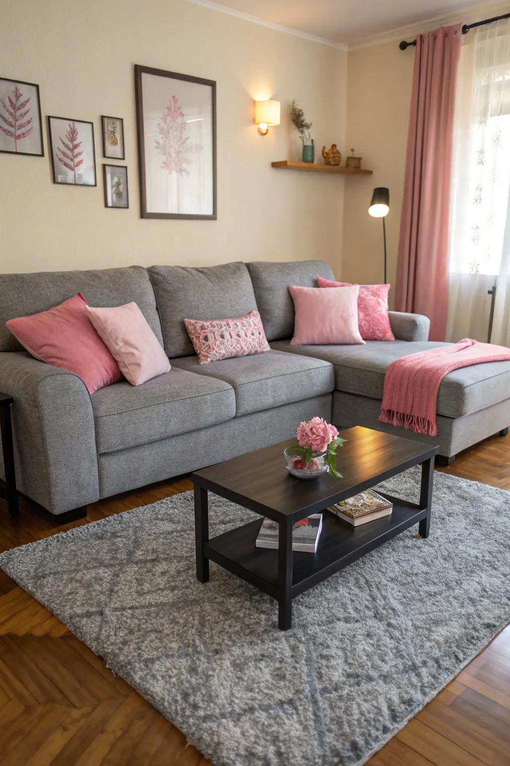 A charcoal sofa complemented by rose cushions crafts a harmonious, inviting ambiance.