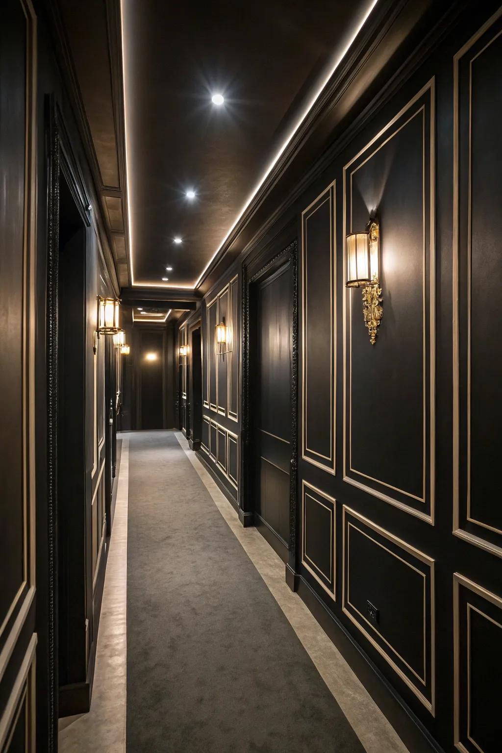 Dark walls lay the foundation for a striking and sophisticated hallway.