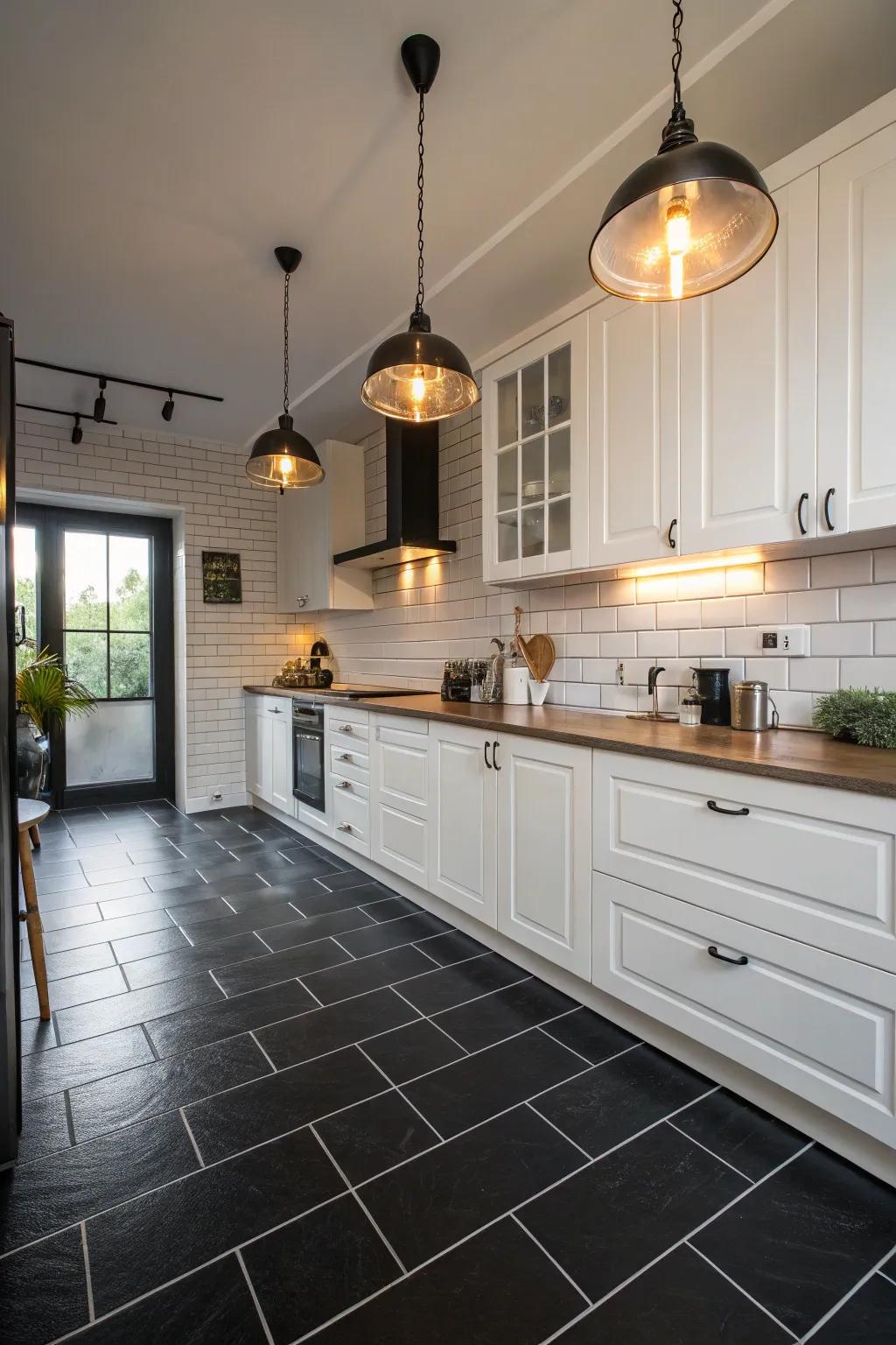 A kitchen showcasing the striking contrast between dark floors and bright cabinetry.