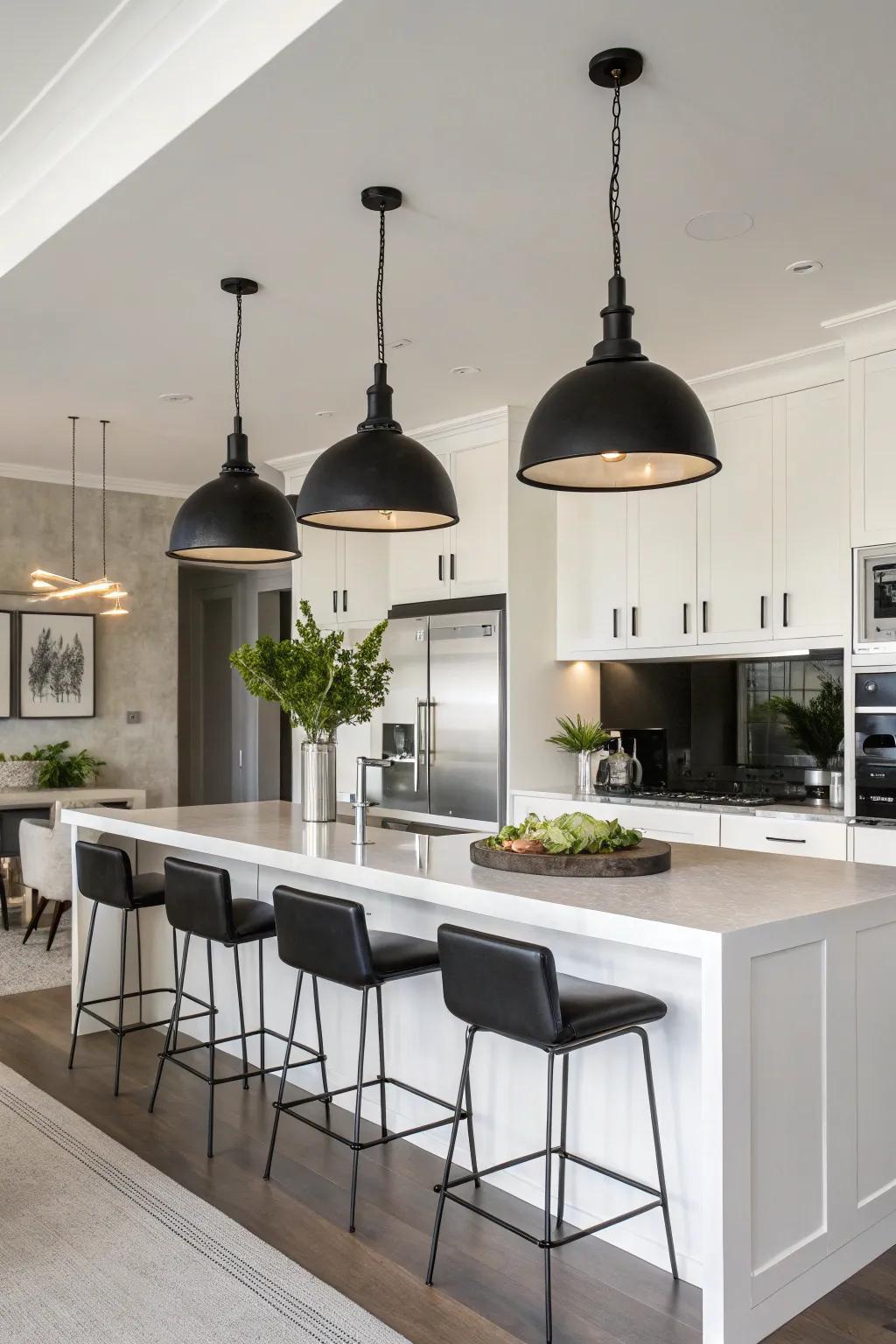 Elegant dark pendant lights give a modern twist to any kitchen.