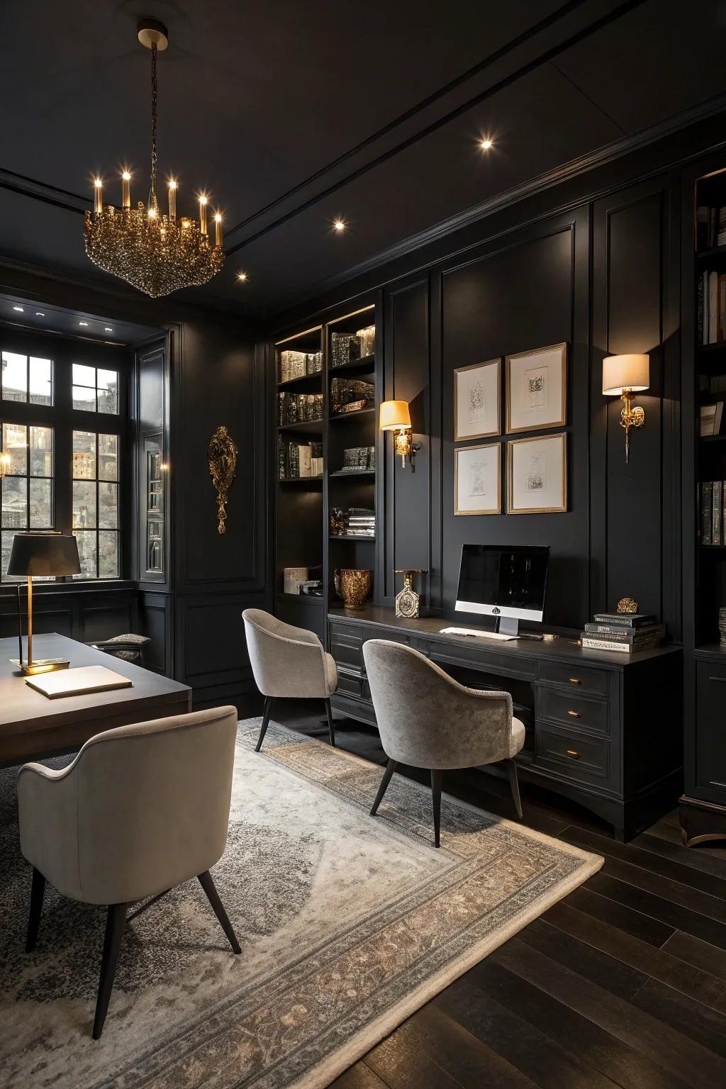 Dark walls offer a striking base for a trendy and modern office look.