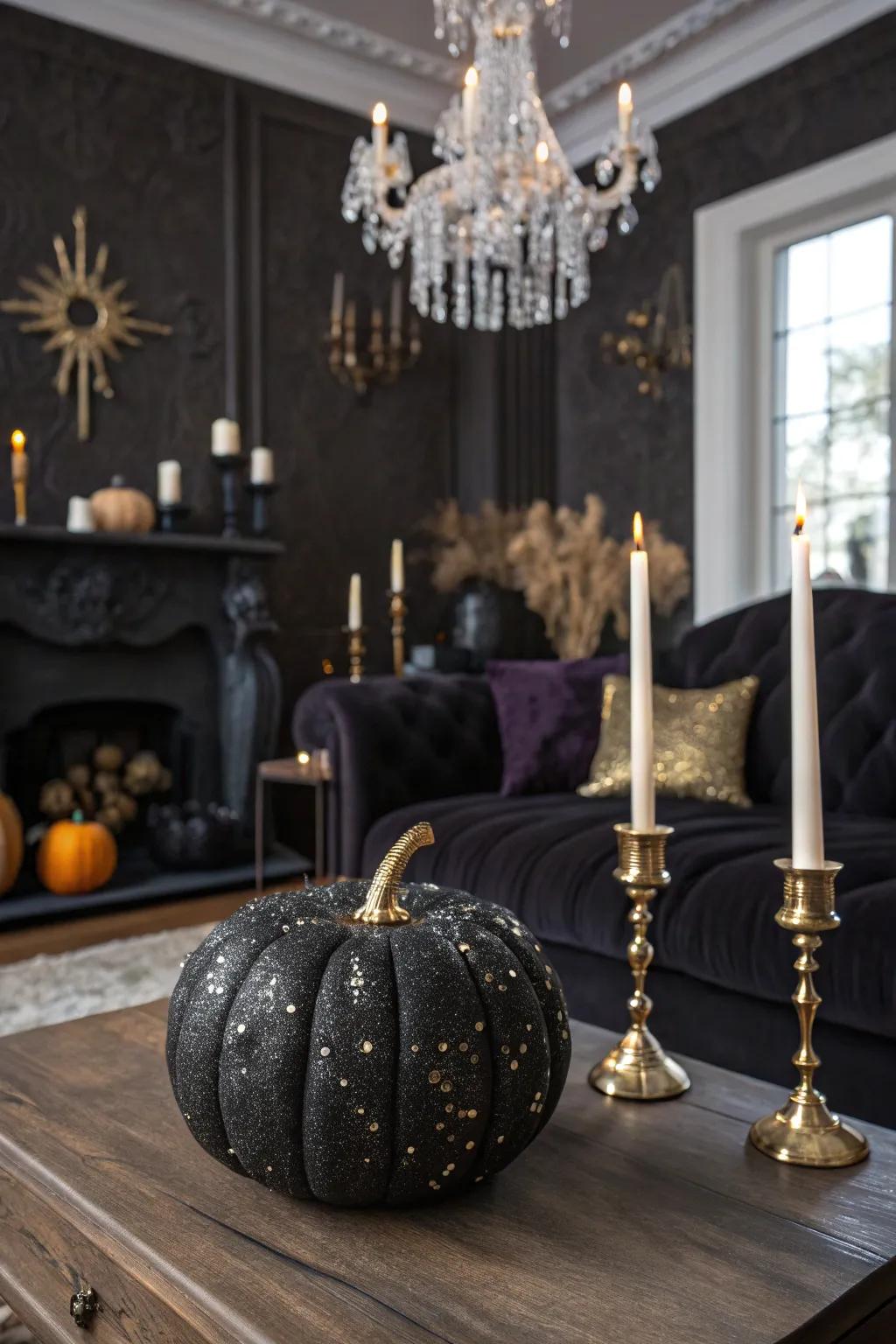 An elegant, shimmering gothic black gourd that enhances the allure of any space.