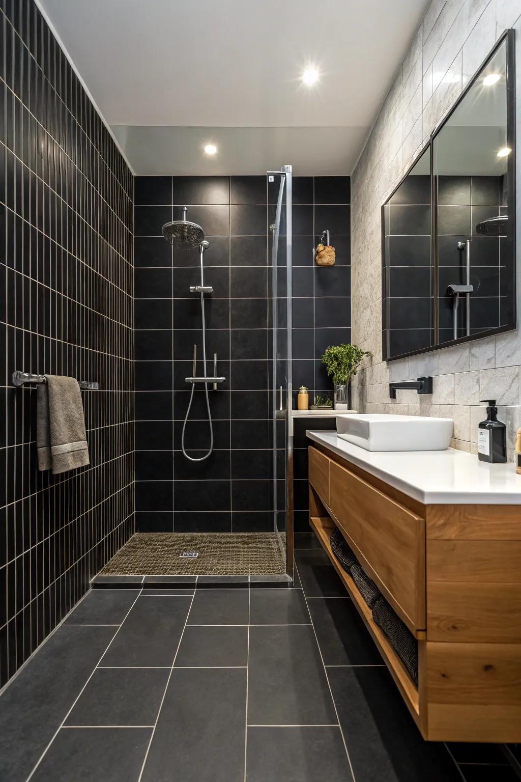 Striking dark tiles prepare the setting for an elegant showering journey.