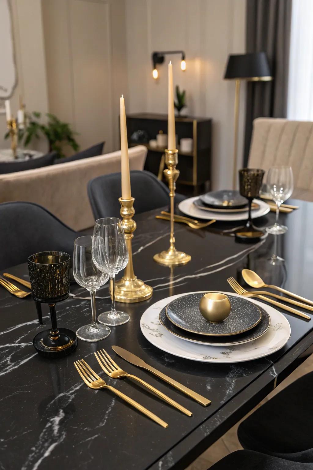 Black table setting enhanced with dazzling golden touches.