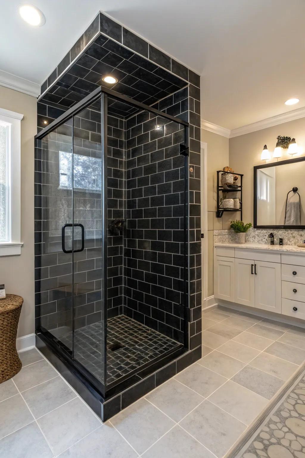 A remarkable all-dark shower space featuring muted squares for a unified appearance.