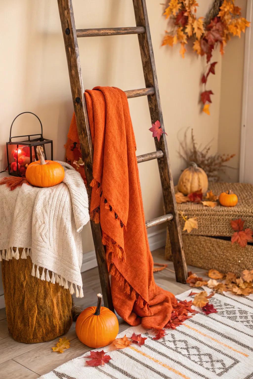 Seasonal touches on display stairs for throws bring the charm of autumn indoors.