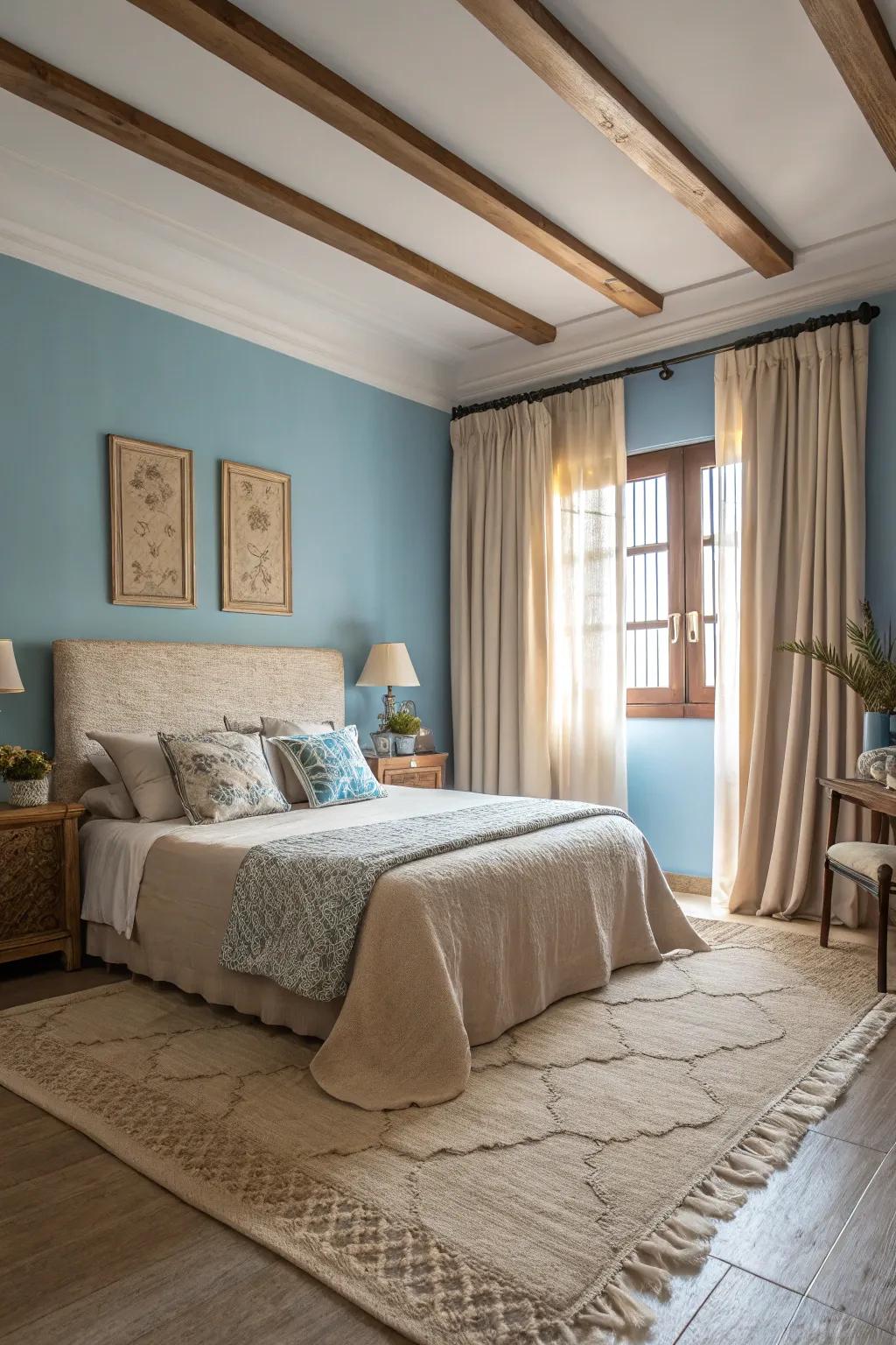 Azure walls paired with sandstone accents evoke a soothing beach-inspired feel.
