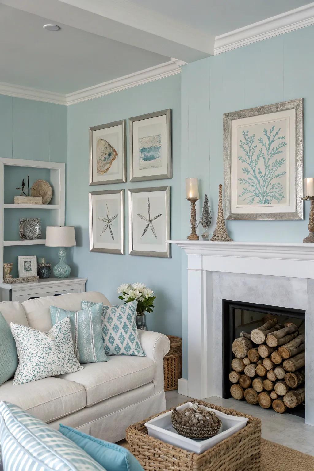 A peaceful coastal-influenced living room with light blue walls and silver details.