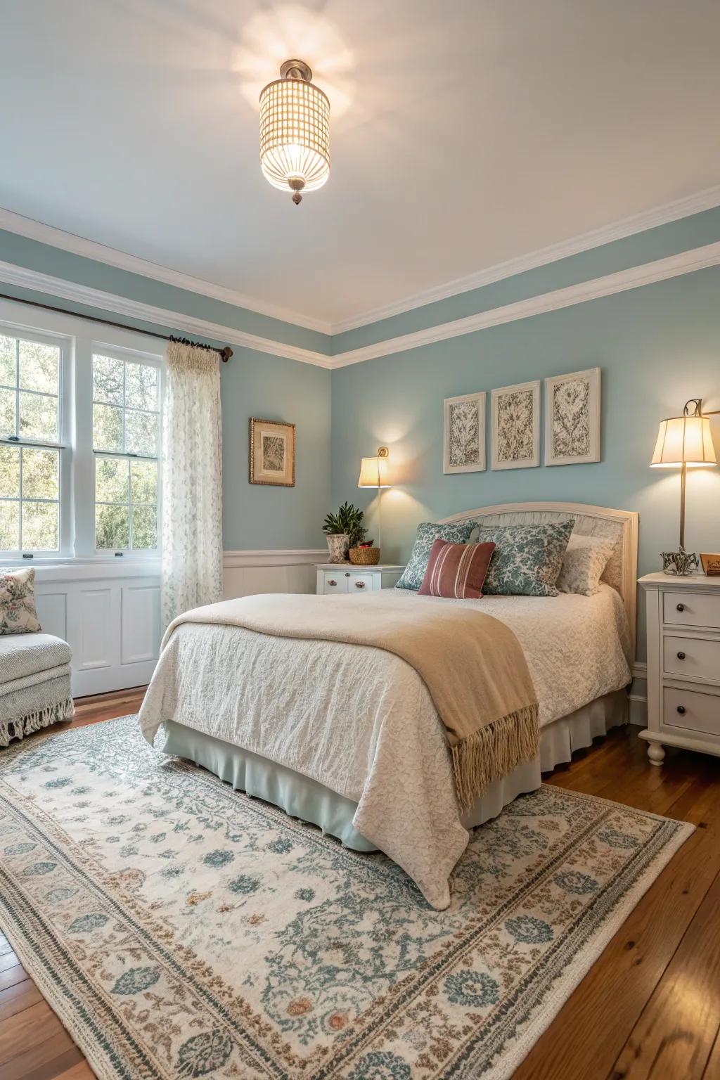 Gentle blue walls in a bedroom create an inviting and calming atmosphere.