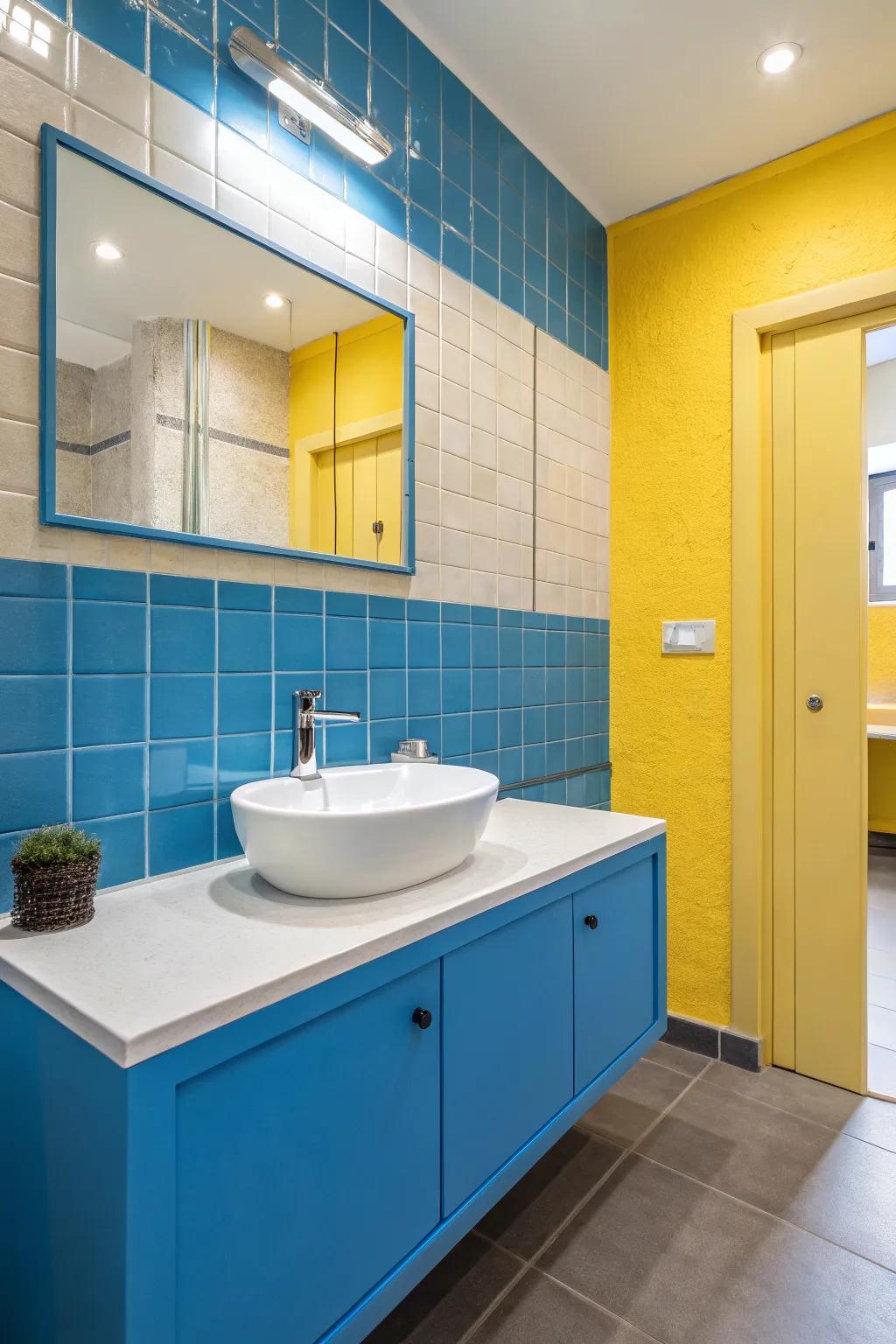 Bold cornflower and sunflower walls create a vibrant focal point in the bathroom.