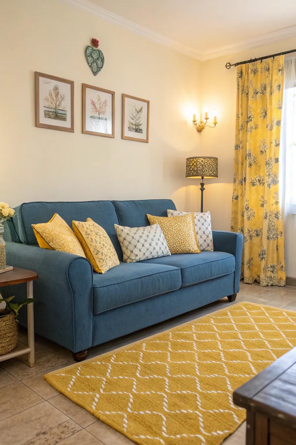 A welcoming living room showcasing a cerulean settee and golden throw pillows for a vibrant effect.