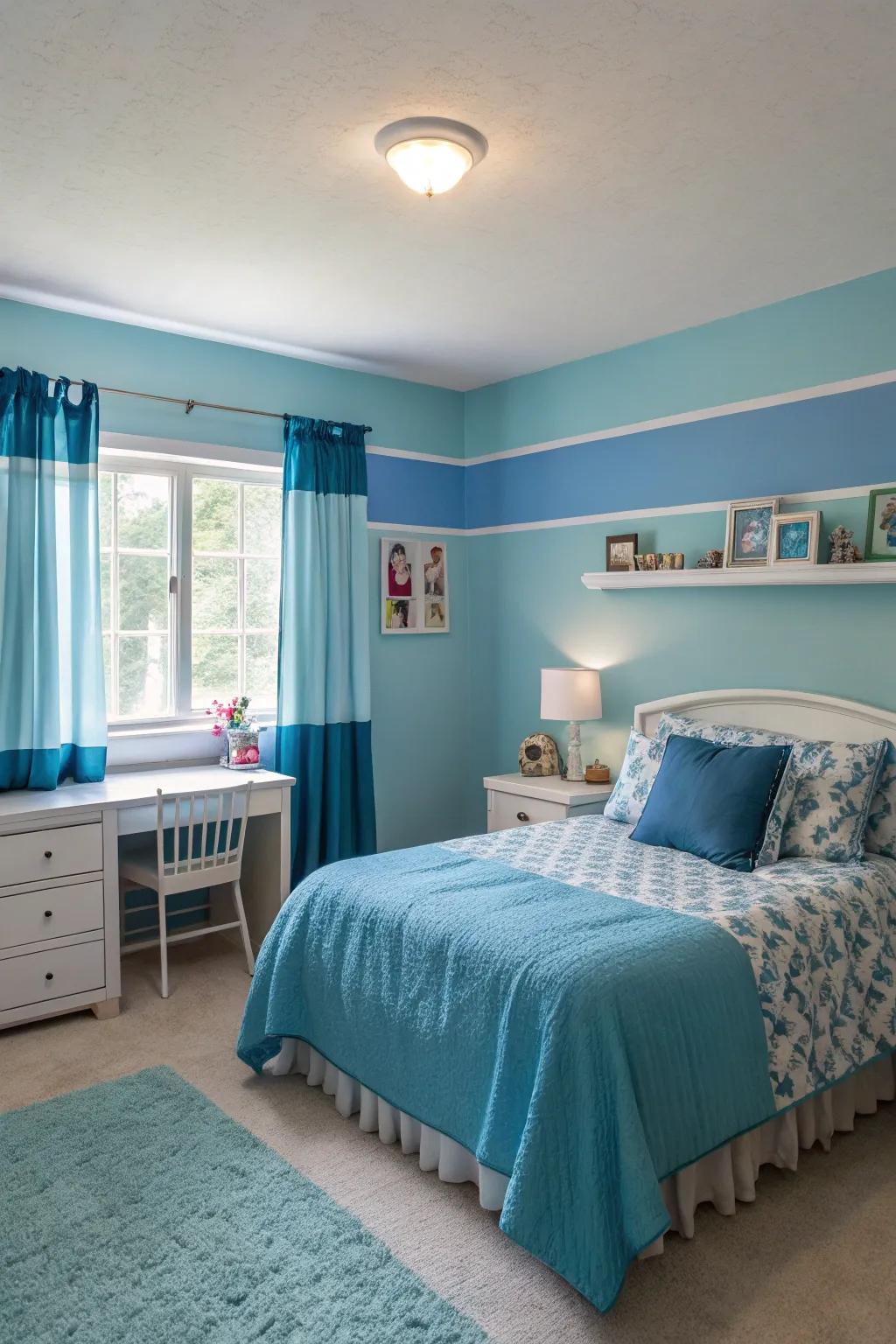 Mixing different blue shades gives depth and a visually appealing look to the bedroom.