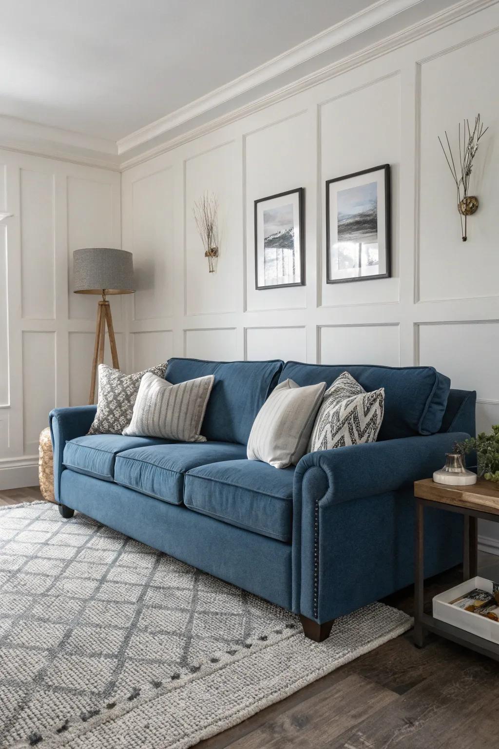 A serene living space featuring a cerulean settee and neutral accents.