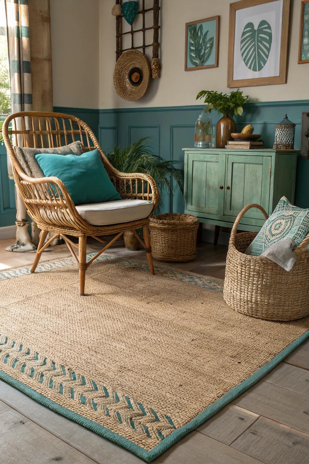 Earthy textures go beautifully with azure-emerald decor.