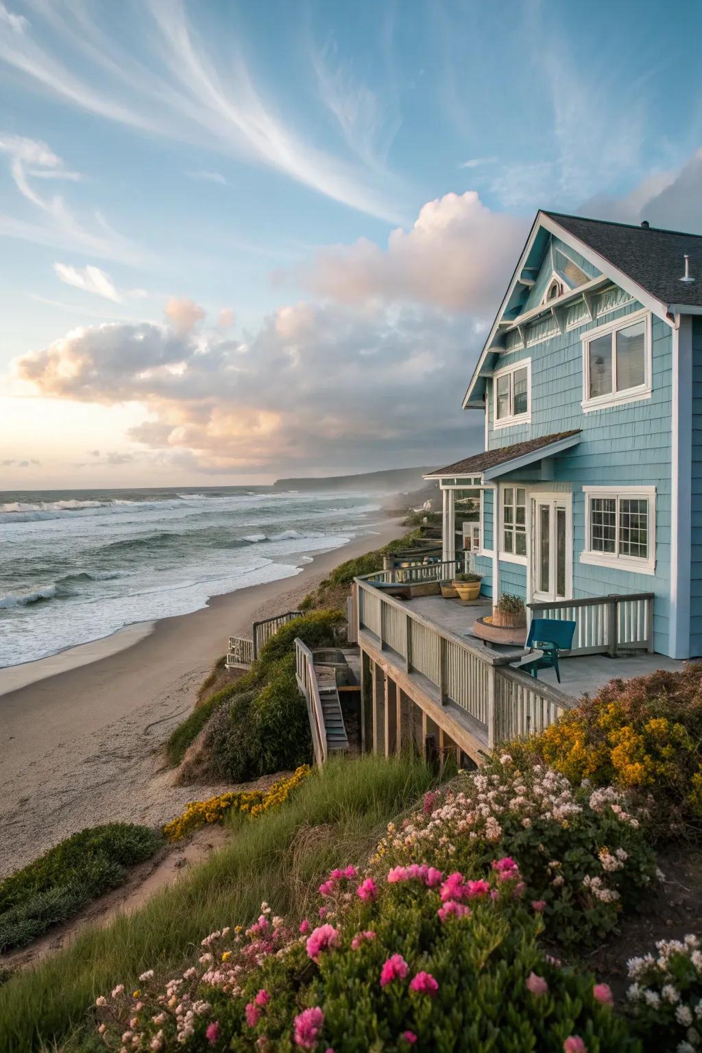 Sky-blue exteriors evoke a serene coastal atmosphere.