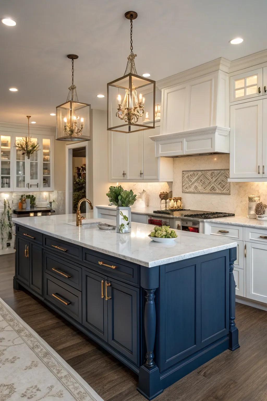 An indigo cooking hub alongside ivory cabinets creates an ageless and refined kitchen.