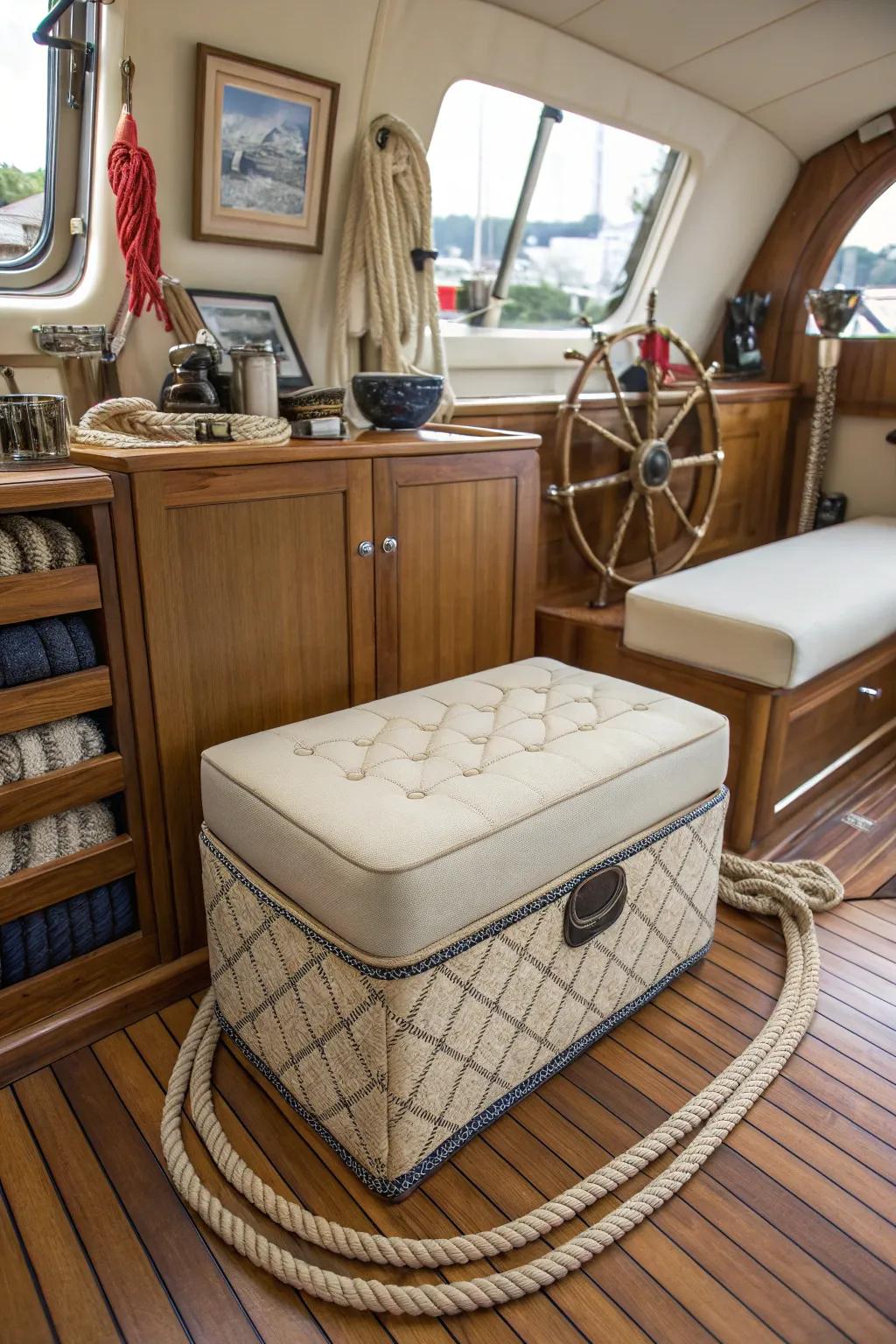 A fashionable ottoman with concealed stowage in a maritime-inspired boat setting.