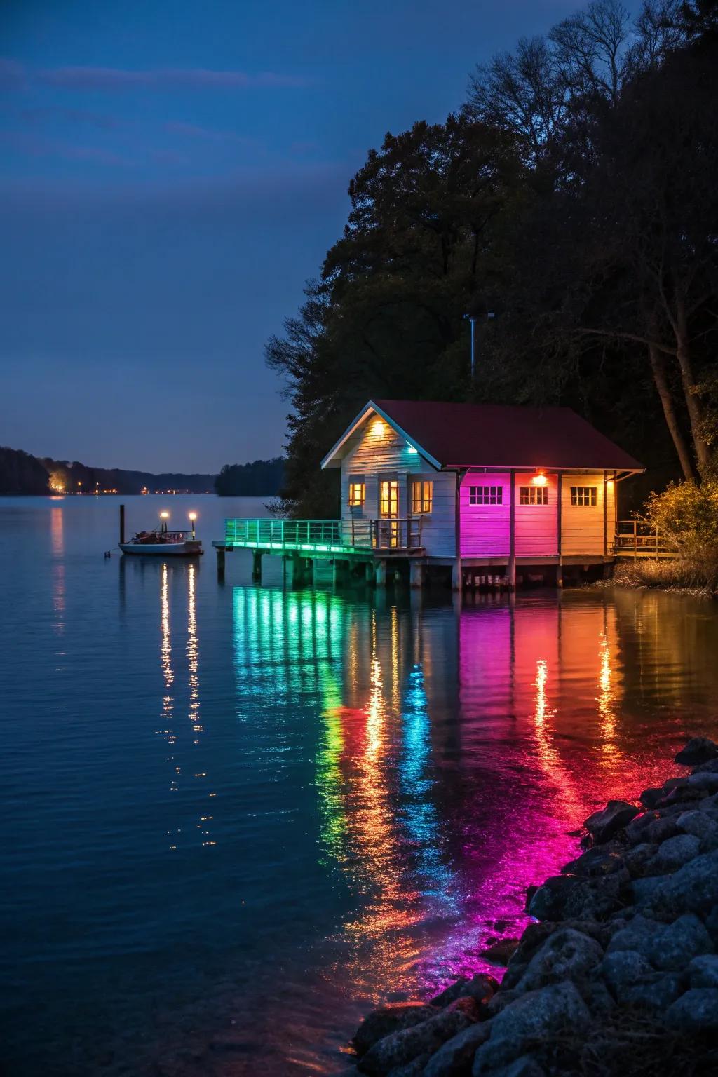 Submerged lights cast a spellbinding glow around the boat house, transforming the water into a vibrant, shimmering canvas.