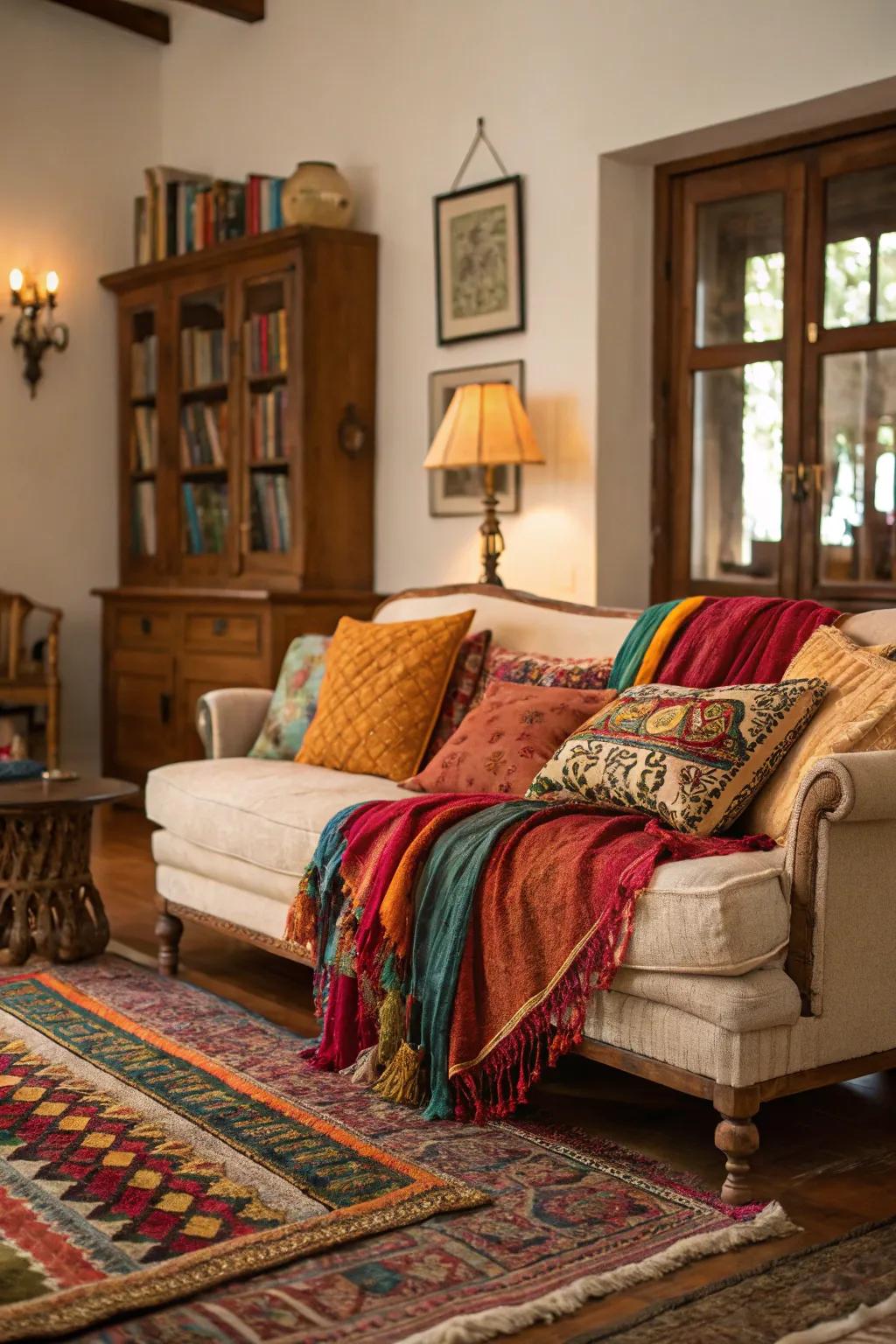 Layered textiles fashion a snug and welcoming ambiance.