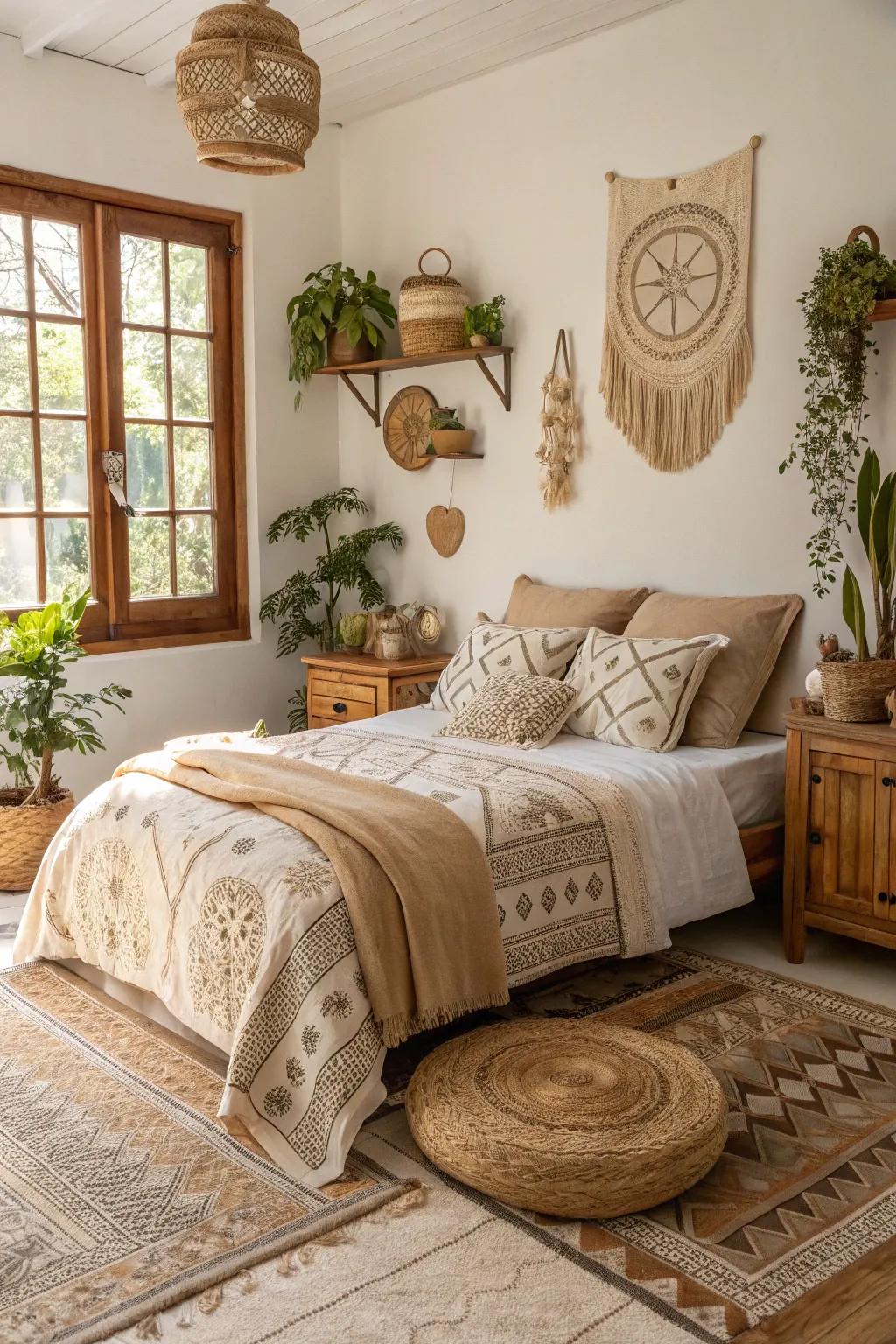 Natural shades forge a cozy and welcoming boho bedroom.