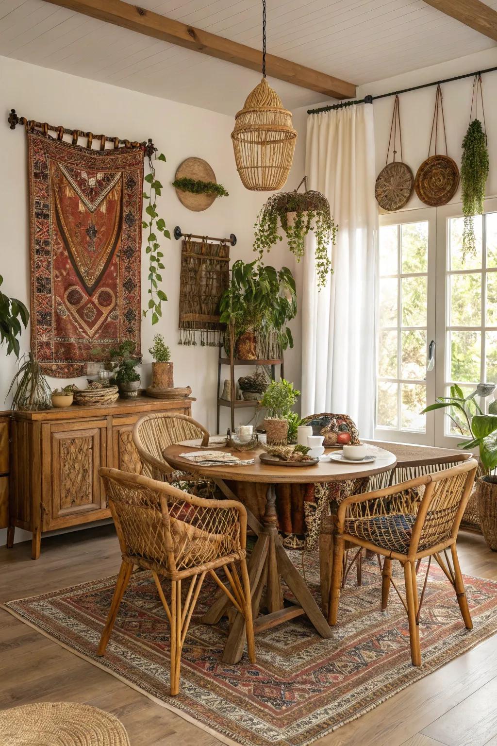 A boho dining room showcasing the use of wooden and cane furniture.